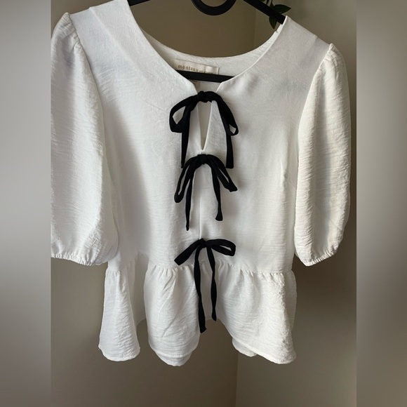Monteau Tops - White with black tie-up bow blouse